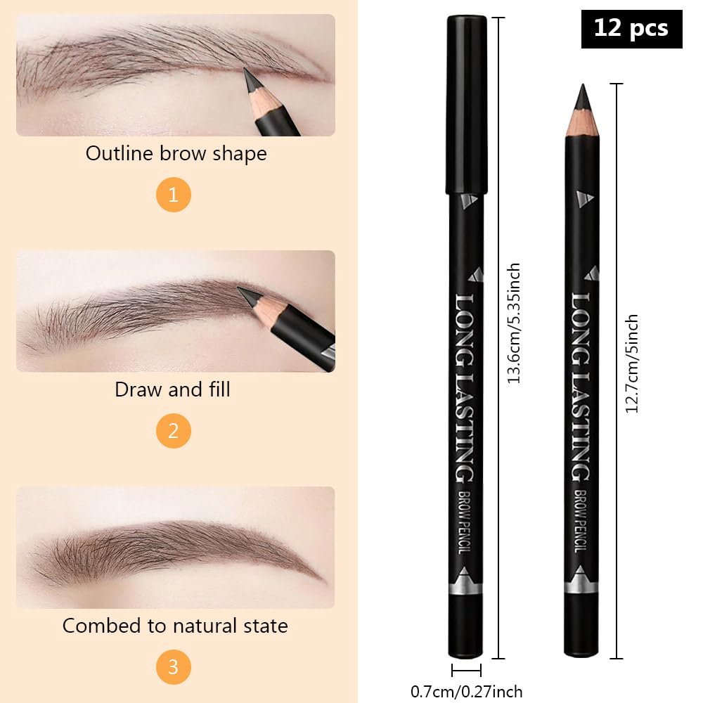 12Pcs Eyebrow Pencils for Women, Wooden Hard-Core Black Eyebrow and Eyeliner Pencil, Long Lasting Waterproof and Sweat-Proof, Beginner Makeup Brow Pencil, Create a Natural Eye Brow Makeup