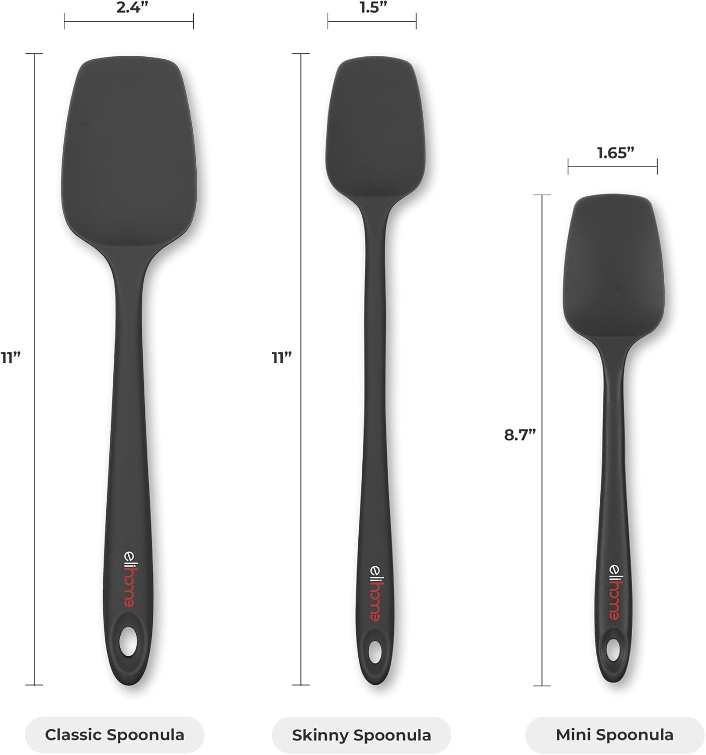 Elihome Skinny Silicone Spoonula - Non-Stick Heat Resistant Silicone Scraper Spatula for Mixing, Serving, Scraping, Stirring, and More - 11 Inch, Black