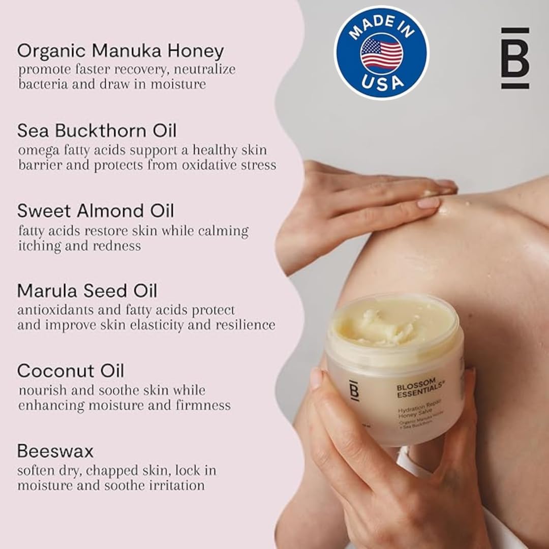 Blossom Essentials Honey Salve - Organic Manuka Honey Hydration Repair - Eczema Relief for Dry, Itchy, Sensitive Skin - Soothing Moisturizer & Balm for Kids, Adults - Made in USA - 4oz