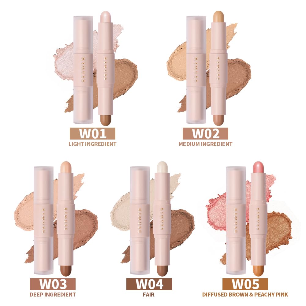 KIMUSE 2Color Dual Cream Contour Stick, Long Lasting & Waterproof Highlight & Bronzer Contour Sticks Kit for Light Skin Face Makeup
