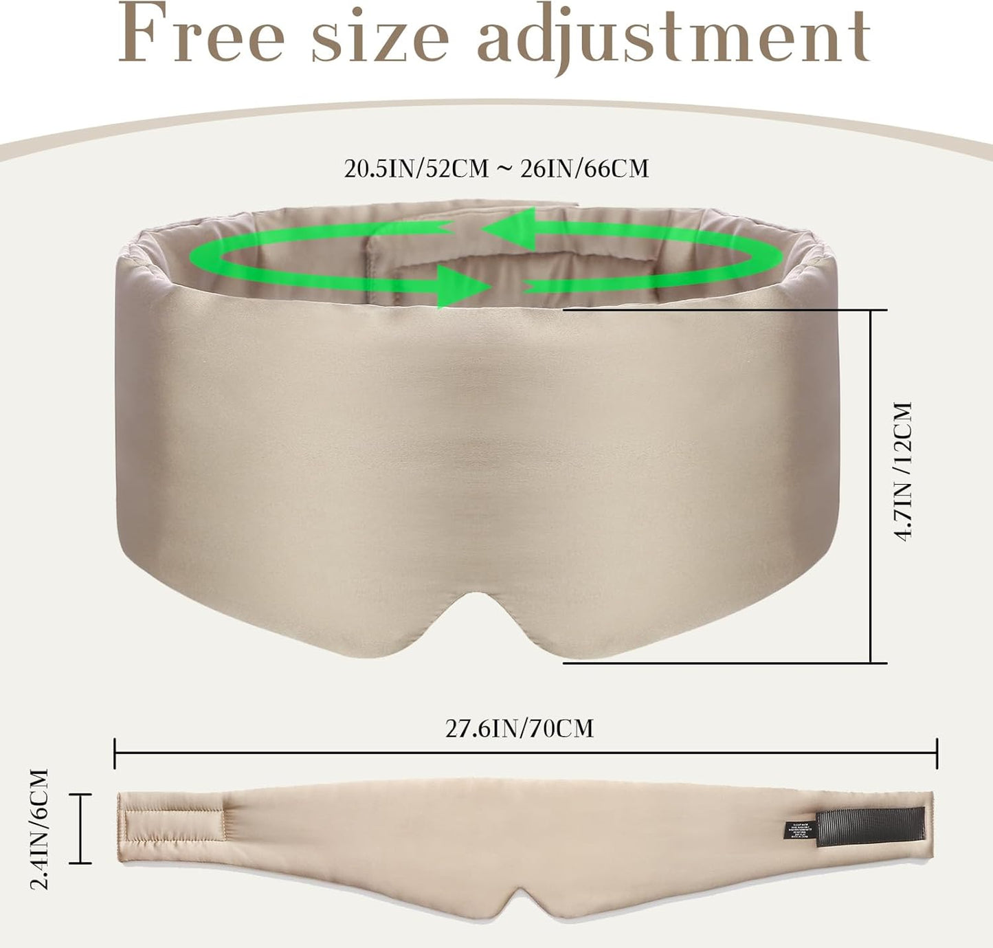 100% Mulberry Silk Sleep Mask Eye Mask for Women Man with Adjustable Band, for Side Sleeper Blackout Sleep Mask for Travel Rest and Office Large Size (Taupe)