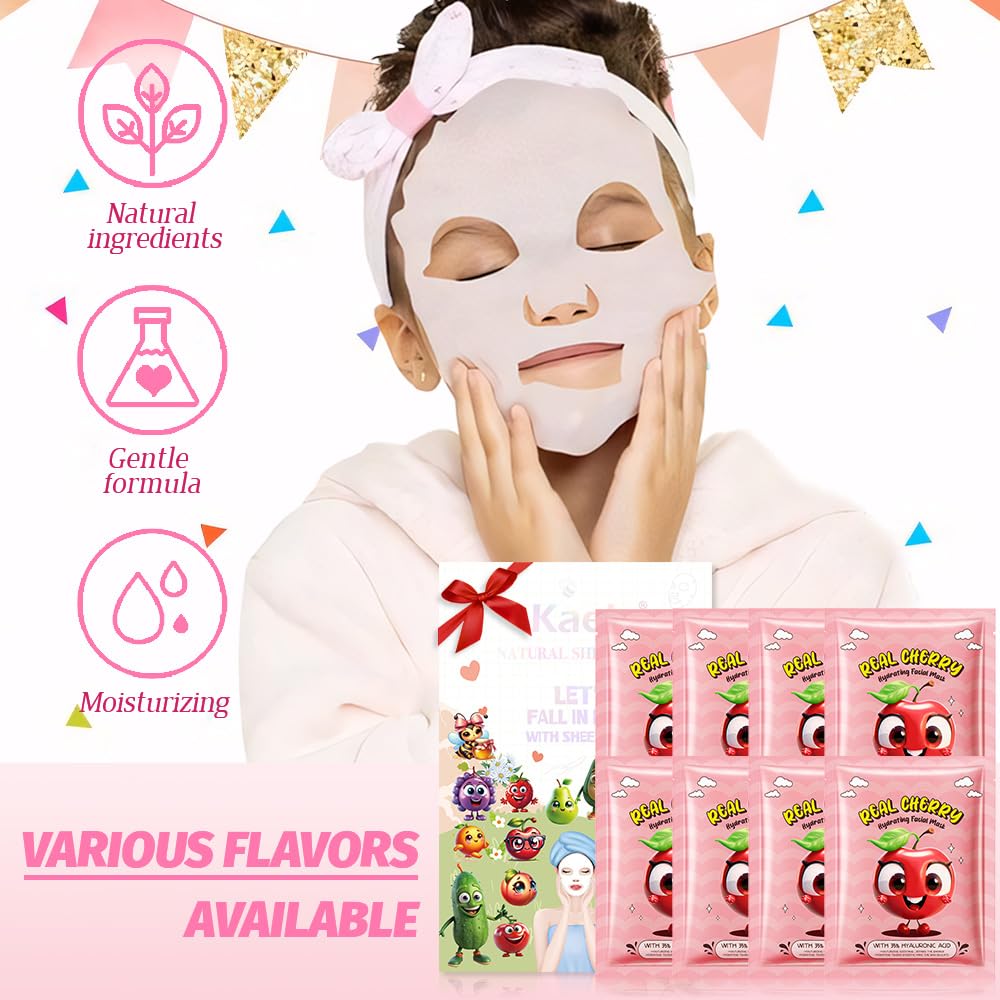 8 Pack Cherry Kids Face Mask,Pink Face Masks Skincare Spa Day Kit Supplies,Spa Party Favors for Teens Girls Women,Sheet Facial Mask Skincare Gifts Set,Moisturize Soothe for All Skin Types