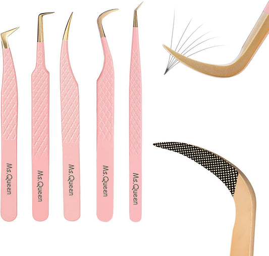 Ms.Queen Lash Tweezers For Eyelash Extensions,5Pcs Professional Fiber Tip Grip Curved 45 90 Degree Boot Volume Tweezers Set