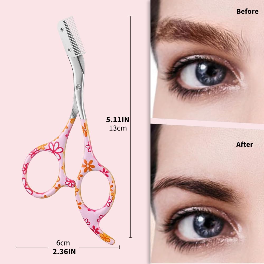 Eyebrow Trimmer with Comb Facial Grooming Scissors Kit Professional Precision Eye brow Trimmer Stainless Steel Eyebrow Trimmers Scissors with Combs Perfect for Gifts for Men and Women (Pink)