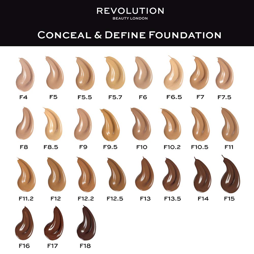 Makeup Revolution Conceal & Define Foundation, Cream Foundation Makeup, Full Coverage, For Dark Skin Tones, Vegan & Cruelty-Free, F16, 23ml
