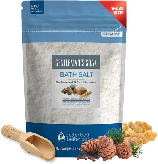 Gentleman's Bath Salt 128 Ounces Epsom Salt with Natural Cedarwood, Frankincense, Eucalyptus and Peppermint Essential Oils Plus Vitamin C in BPA Free Pouch with Easy Press-Lock Seal