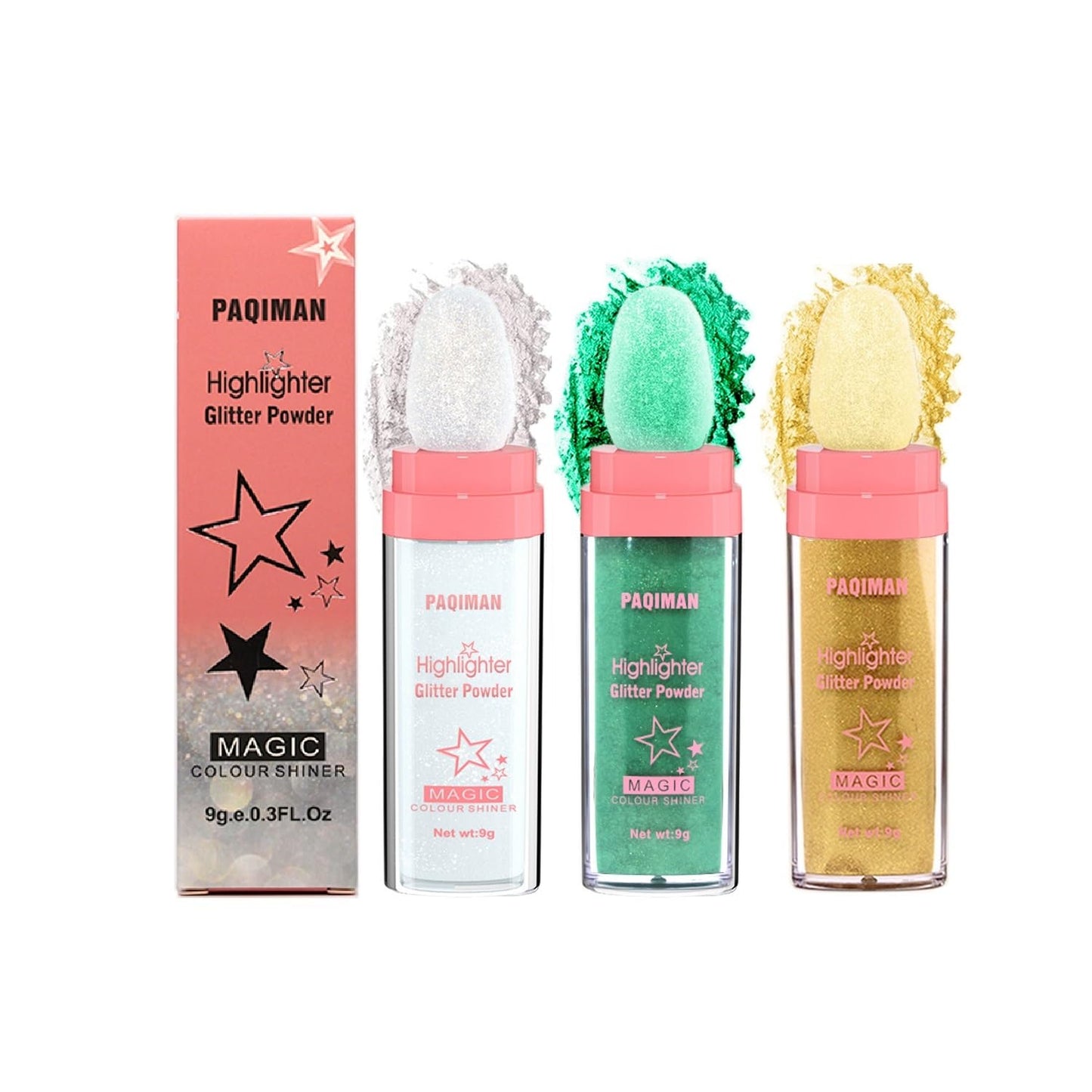 3 Color Glitter Powder, Neon Accessories Outfit Party Body Sparkling Highlighter Makeup.01# White moonbeam&04#Green&05#Gold