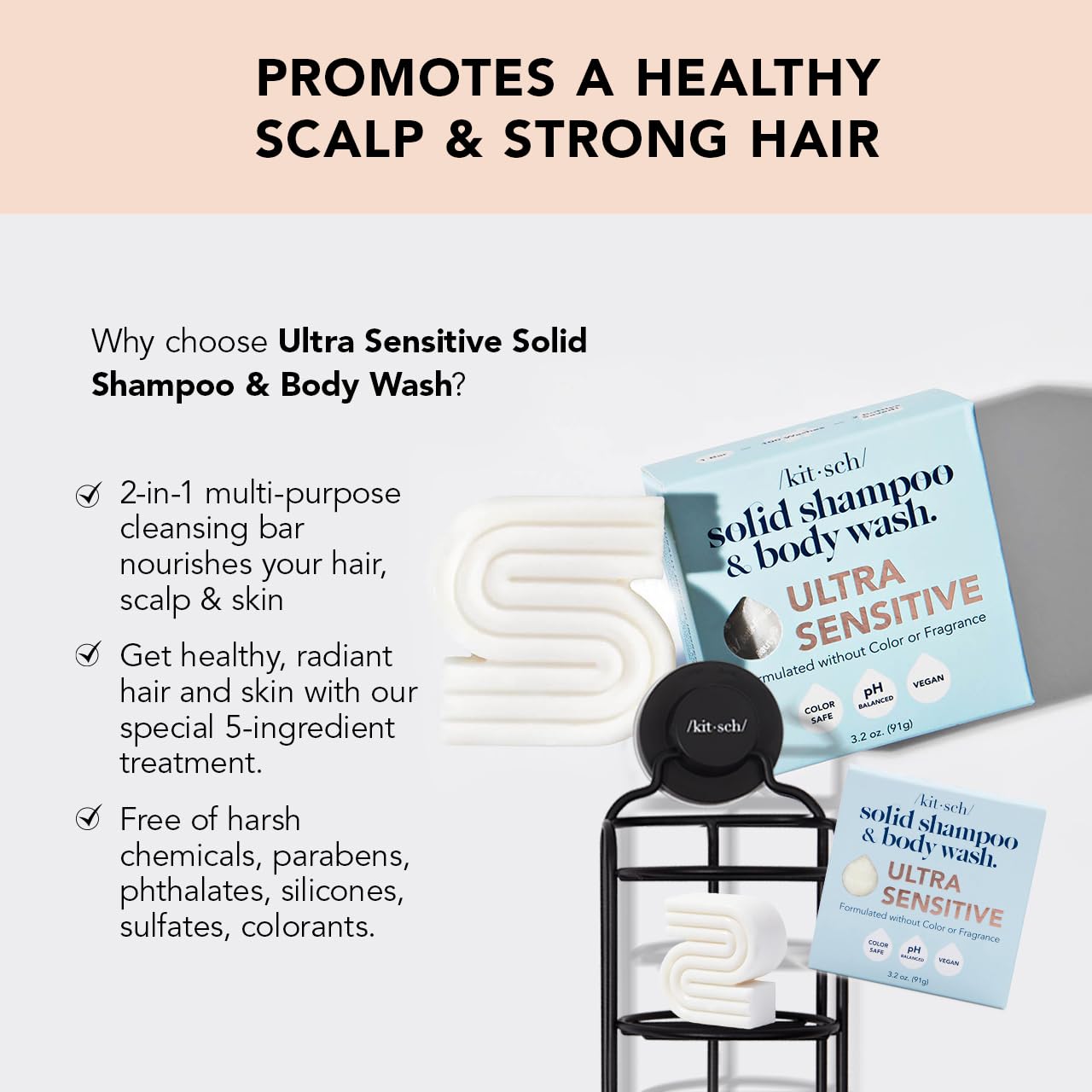 Kitsch 2-in-1 Shampoo Bar and Body Wash - Ultra Sensitive, Vegan & Natural, 5-Ingredient Formula Bar Soap for Hair & Body - Scent-Free, Paraben-Free - For Sensitive Scalp & Skin - 3.2 oz