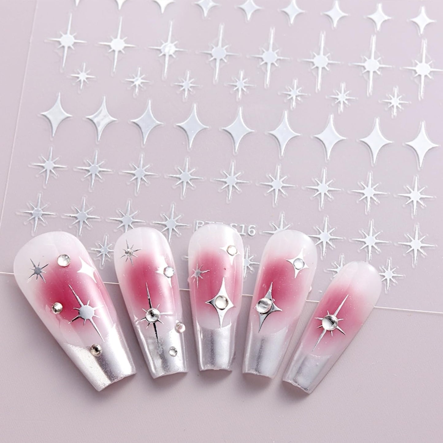 3D Self-Adhesive Star Nail Art Stickers - 12 Sheets Silver Gold Black White Decals for Acrylic Nails - Nail Design Supplies for Women Girls