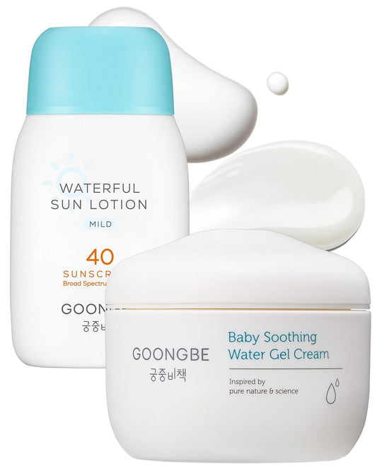 Sun Lotion SPF 40 & Baby Soothing Water Gel Cream - Zinc Oxide Mineral Sunscreen & Cooling Moisturizer - Korean Skincare for Babies Kids - Hypoallergenic Formula, 2.82oz & 3.38oz
