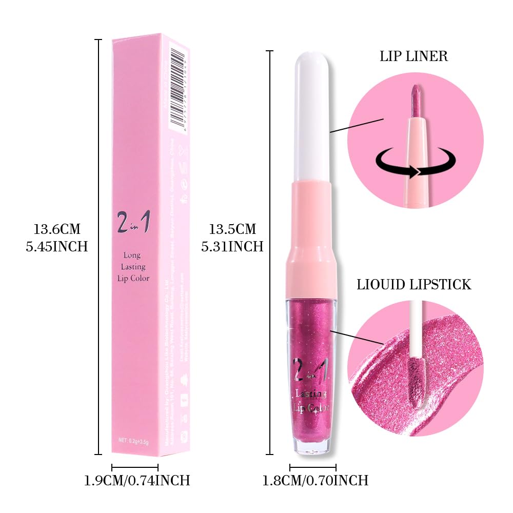 evpct Rose Metallic Glitter Lip Liner and Lipstick Combo Lip Gloss Stain Set Makeup for Women Long Lasting Waterproof 24, Metal Barbie Frosted Metallic Shimmer Glossy Iridescent Liquid Lipstick 15