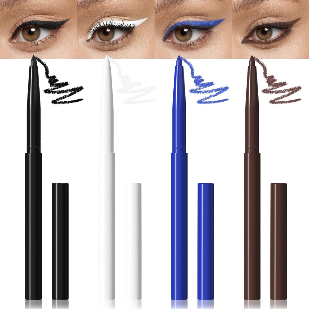 evpct 4Pcs White Blue Eyeliner Pencils Set for Eyes, Black Brown Eye Liner Pencil Makeup Waterproof Smudge Proof, Colored Gel Waterline Eyeliner Liquid, Face Eye Paint Stick Lipstick Halloween Makeup