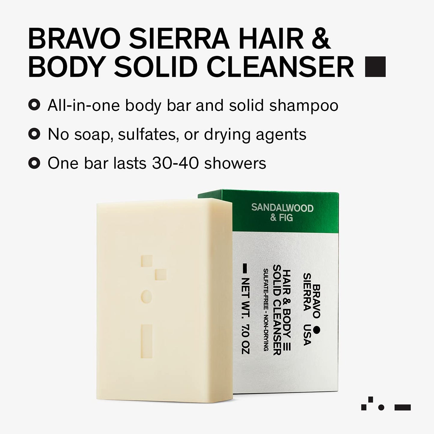 Bravo Sierra Body and Hair Mens Soap Bar, 2-Pack - All-In-One Shampoo & Soap for Face, Hair & Body - Sandalwood & Fig, 7 oz - Coconut, Shea Butter & Oat Flour for Soft Skin & Healthy Hair