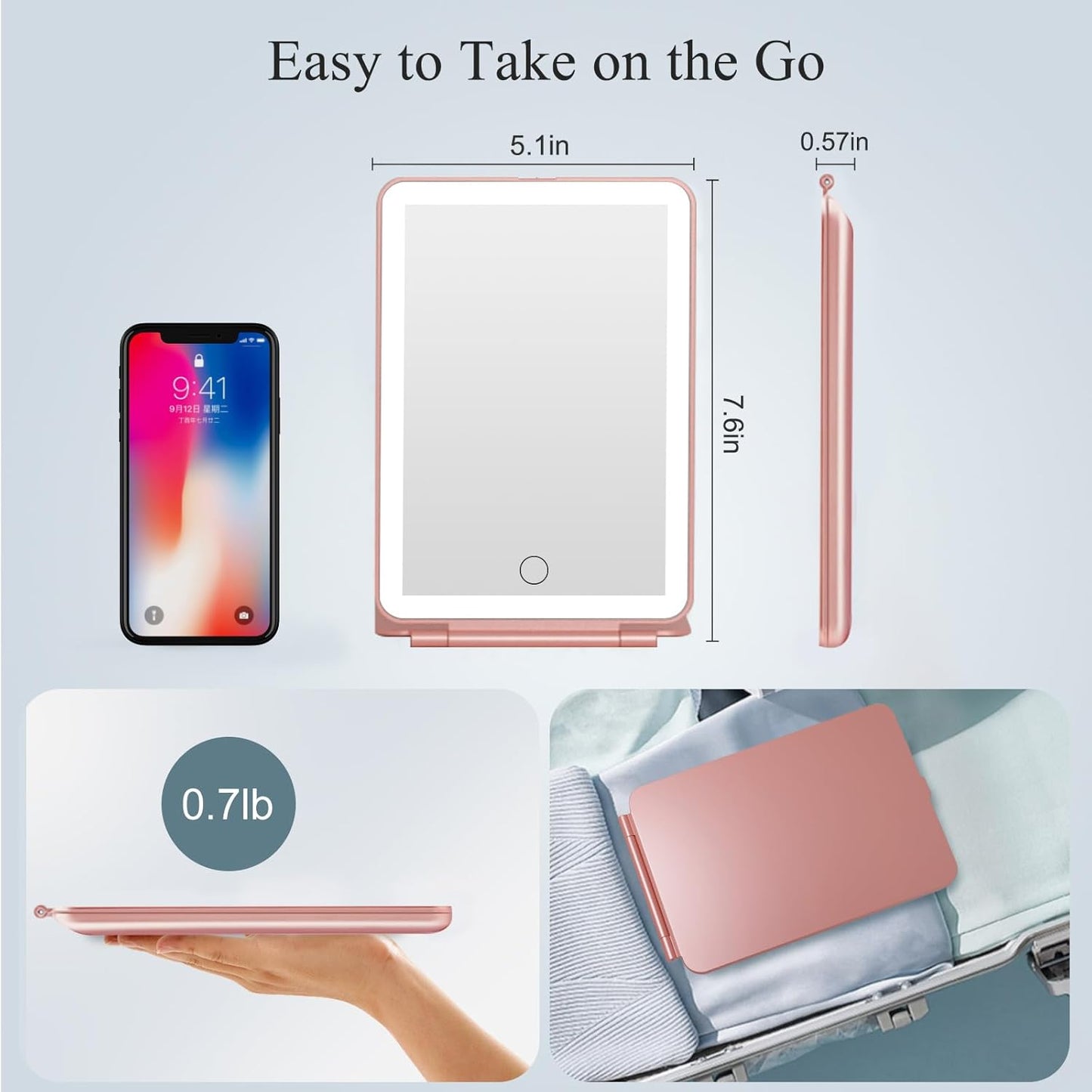 FUNTOUCH Rechargeable Travel Makeup Mirror with 72 Led Lights, Portable Lighted Beauty Mirror, 3 Color Lighting, Dimmable Touch Screen, Tabletop LED Folding Cosmetic Vanity Mirror