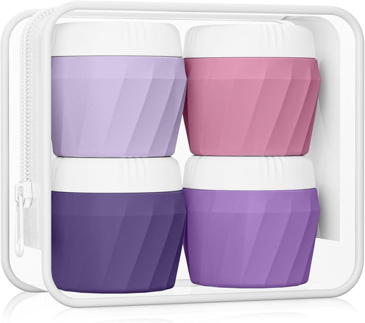 Travel Containers for Toiletries, Premium Silicone Cosmetic Cream Jars, TSA Approved Leak-Proof Refillable Travel Size Toiletries with Clear Bag for Cosmetic Face Body Cream (Purple, 1OZ)