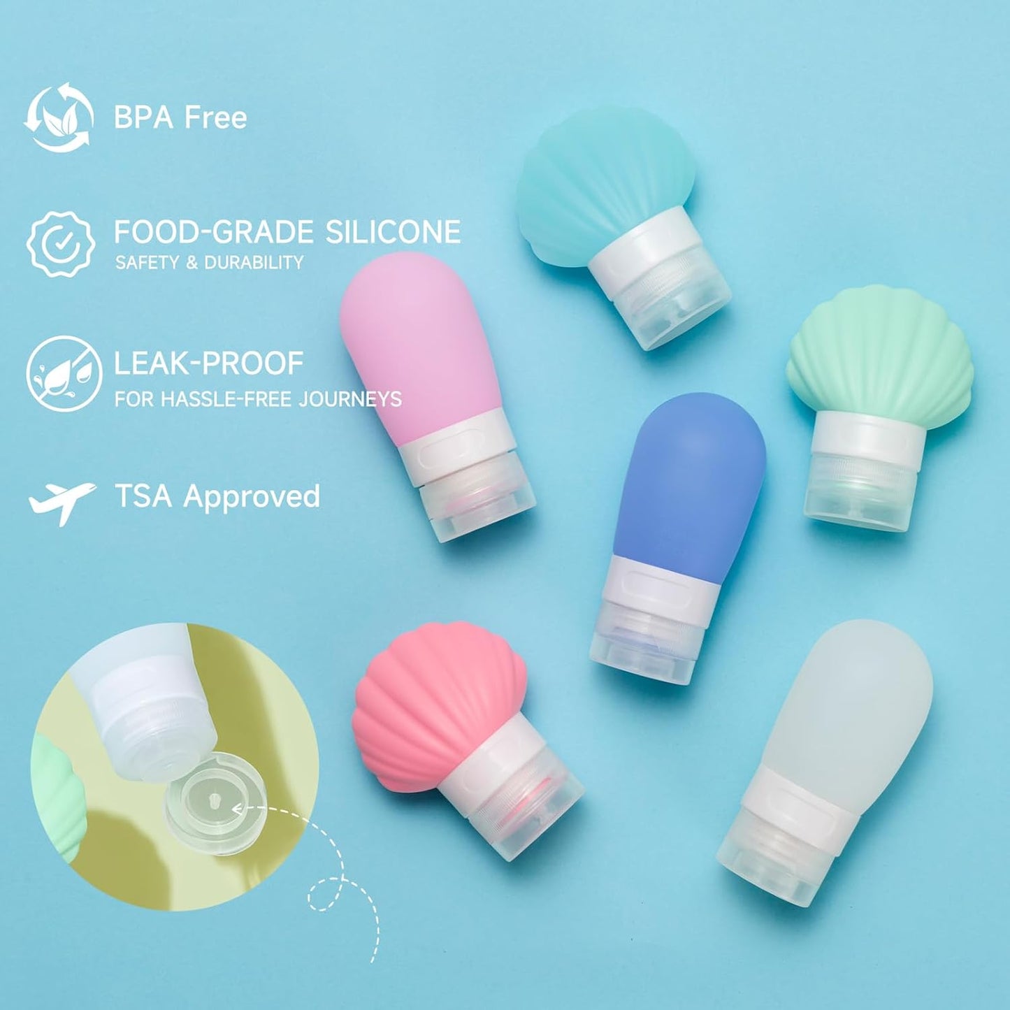 Leak Proof Squeezable Silicone Travel Bottles, Reusable, Refillable Bottles, Bulb Shape, Sustainable, TSA Carry On Approved Toiletries Containers, 3pcs (2oz/60ml)