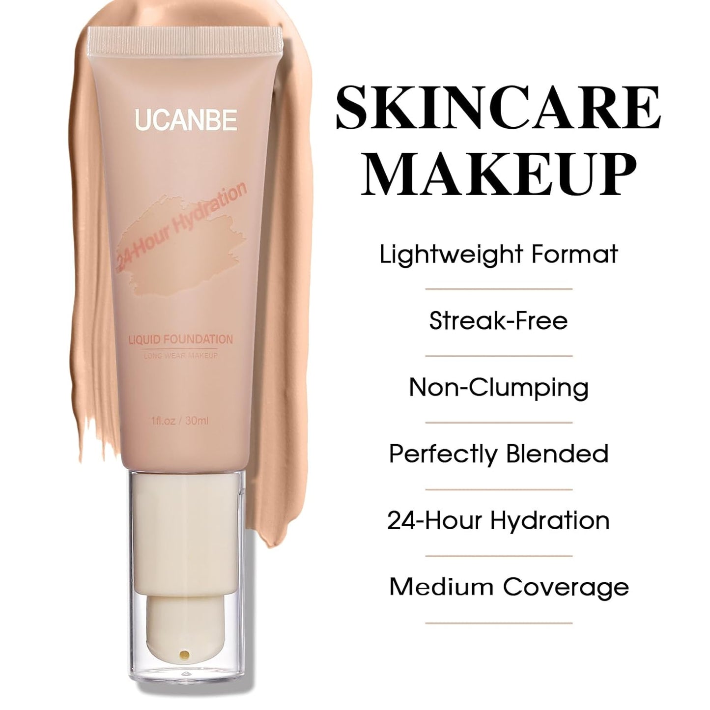 UCANBE Matte Liquid Foundation Makeup, Medium to Full Coverage Waterproof Longwear Serum Cream Foundation for Combination & Oily Mature Skin, Lightweight Hydrating Nourishing, Natural Beige, 1 fl. oz.