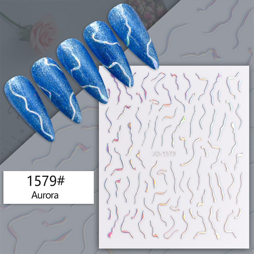 12 Sheets French Line Nail Art Stickers Aurora Star Heart Nail Decals Self-Adhesive Pegatinas Uñas Glitter Holographic Laser Silver Nail Supplies for Women Nail Art Design Decoration