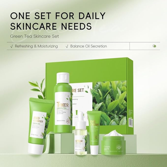Skin Care Set, Green Tea Skin Care Sets & Kits, Skin Care for Teenage Girls Gift Set with Cleanser, Toner, Serum, Eye Cream, Facial Cream, Facial Skin Care Sets & Kits for Teenage Girls Women