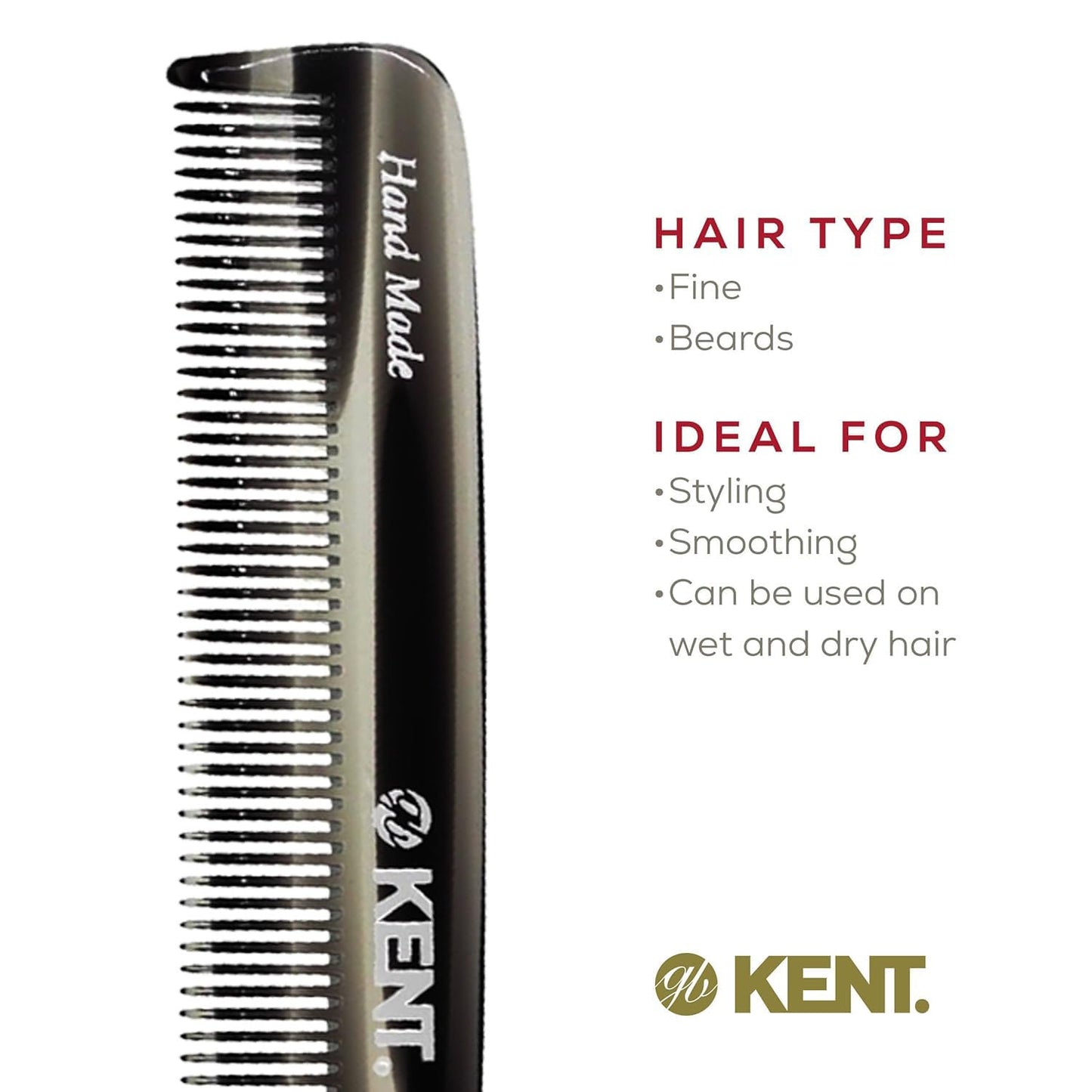Kent F3T Black Graphite Fine Tooth Comb - Hair Parting and Straightening Comb for Men's & Women's Dandruff Remover, Saw Cut and Hand Polished Made in England