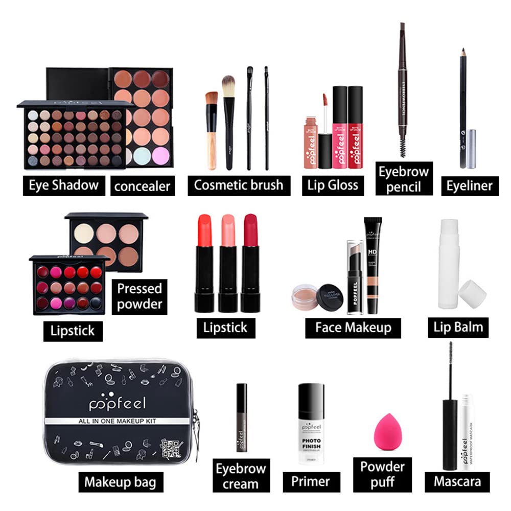 All In One Makeup Kit for Women Full Gift Surprise Makeup Set Includes Makeup Brush Set Eyeshadow Palette, Lip Gloss Set, Liquid Lipstick, Makeup Sponge, Foundation, Concealer, Eyebrow Pencil, Blush