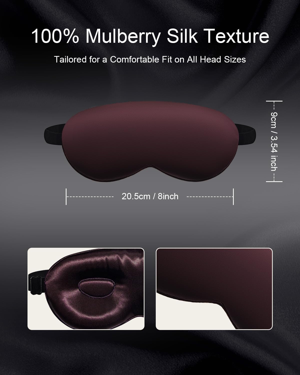Luxury 22 Momme 100% Mulberry Silk Sleep Mask – 3D Eye Mask with Adjustable Strap, Gentle on Skin and Eyes, Provides Complete Light Blockage for Deep Sleep (Burgundy, Adjustable)