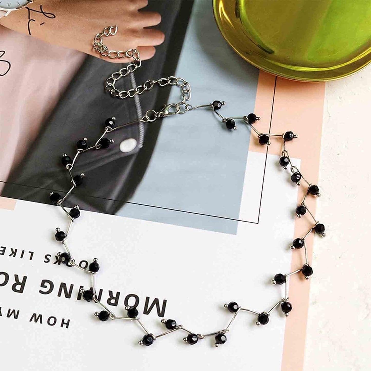 Black Crystal Choker Necklace Short Black Beaded Choker Necklace Silver Chain Necklace Minimalist Necklace Jewelry for Women and Girls