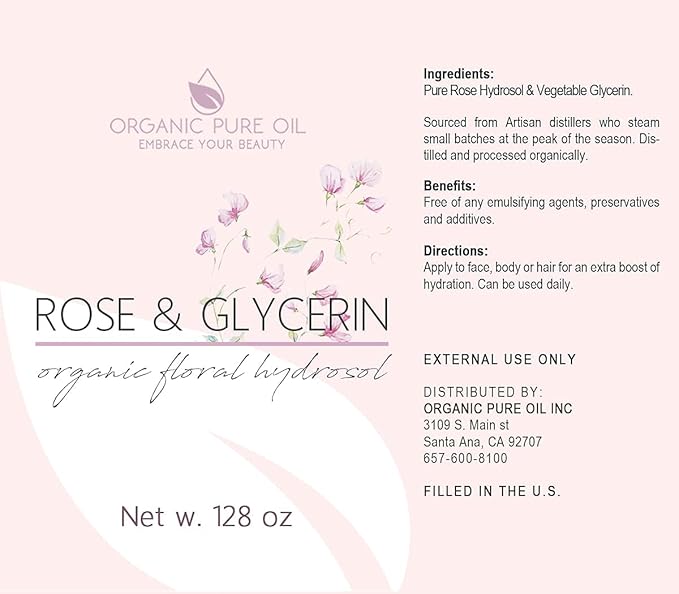 Rosewater Glycerin Mist Toner Bulk Spray Facial Body Floral Cleanser Pure Rose Hydrosol and Vegetable Glycerine Moisturizing Cleansing Toning Mix for Face Skin Hair Body (128 Ounces / 1 Gallon)