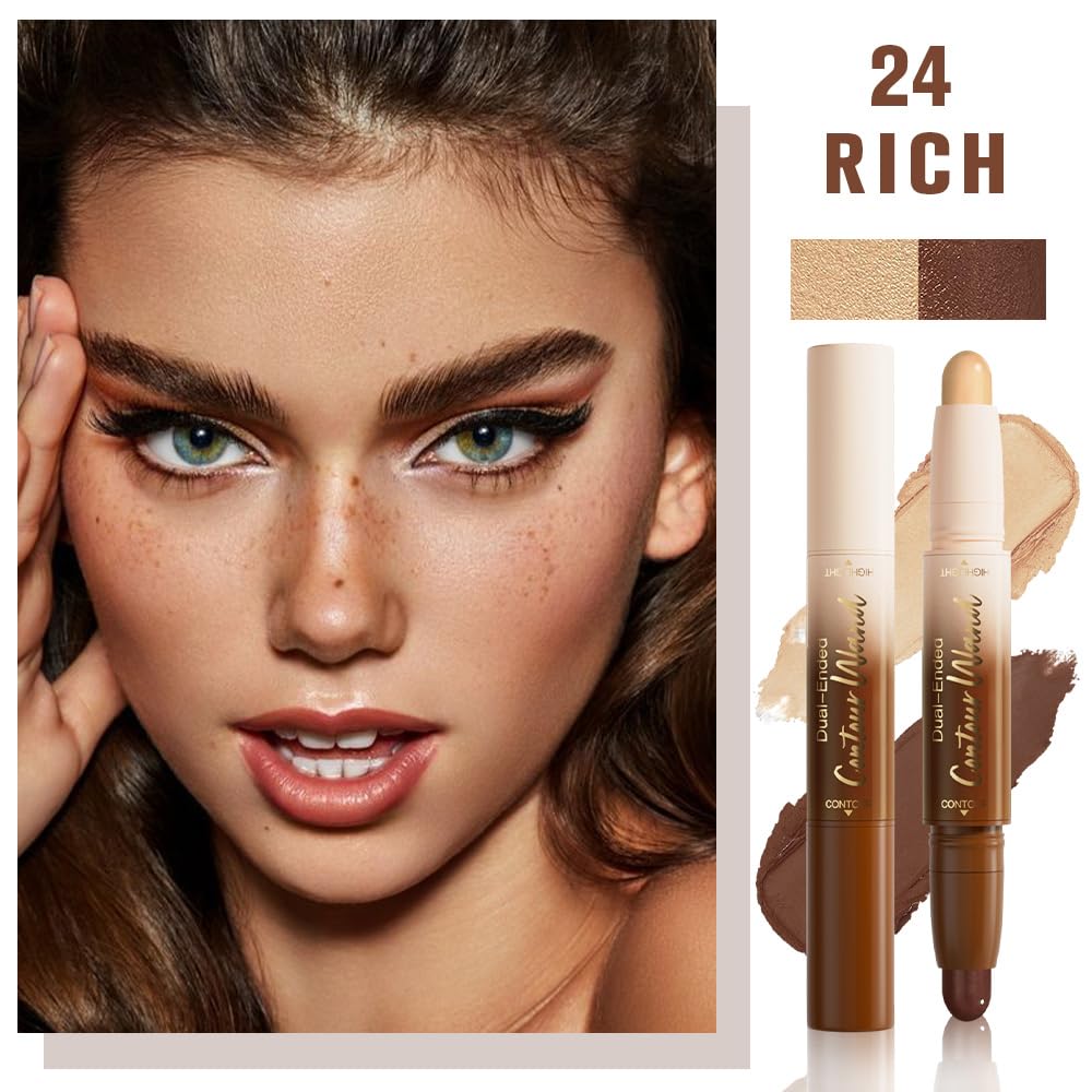 Dual-Ended 2-in-1 Cream Contour & Highlighter Stick – Waterproof, Long-Lasting for Face & Body Makeup, Suitable for All Skin Tones, 04#Nude Brown + Nude