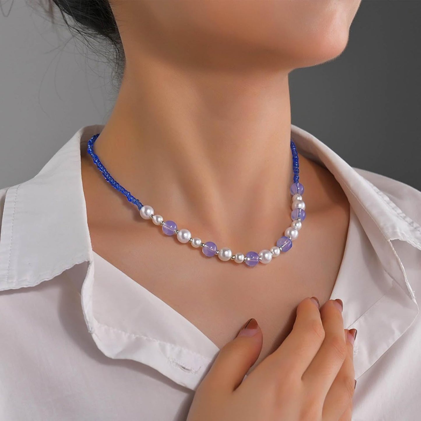 Boho Pearl Choker Necklace Vintage Blue Heishi Surfer Choker Imitation Pearl Necklace Chain Vinyl Seed Beads Necklace Summer Beach Bohemian Necklace Jewelry for Women and Girls