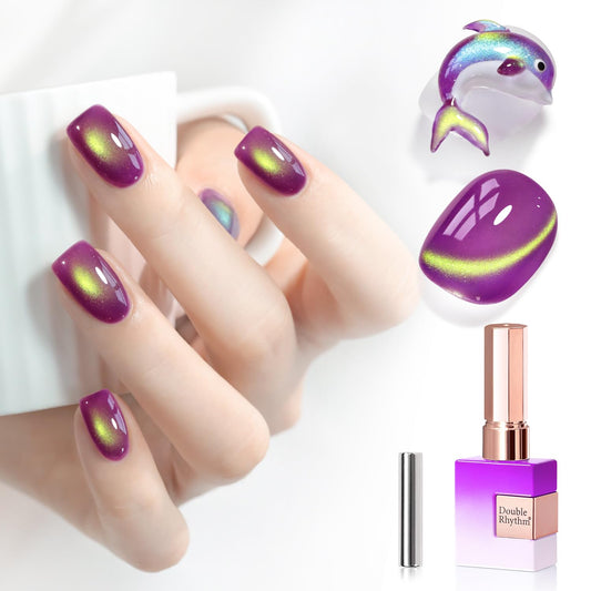 Double Rhythm 0.5 OZ Cat Eye Gel Polish with Magnet 15ML Holographic Glitter Shimmer Translucent Jelly Color Magnetic Nail Polish Salon DIY at Home (Golden Purple-MC1257)