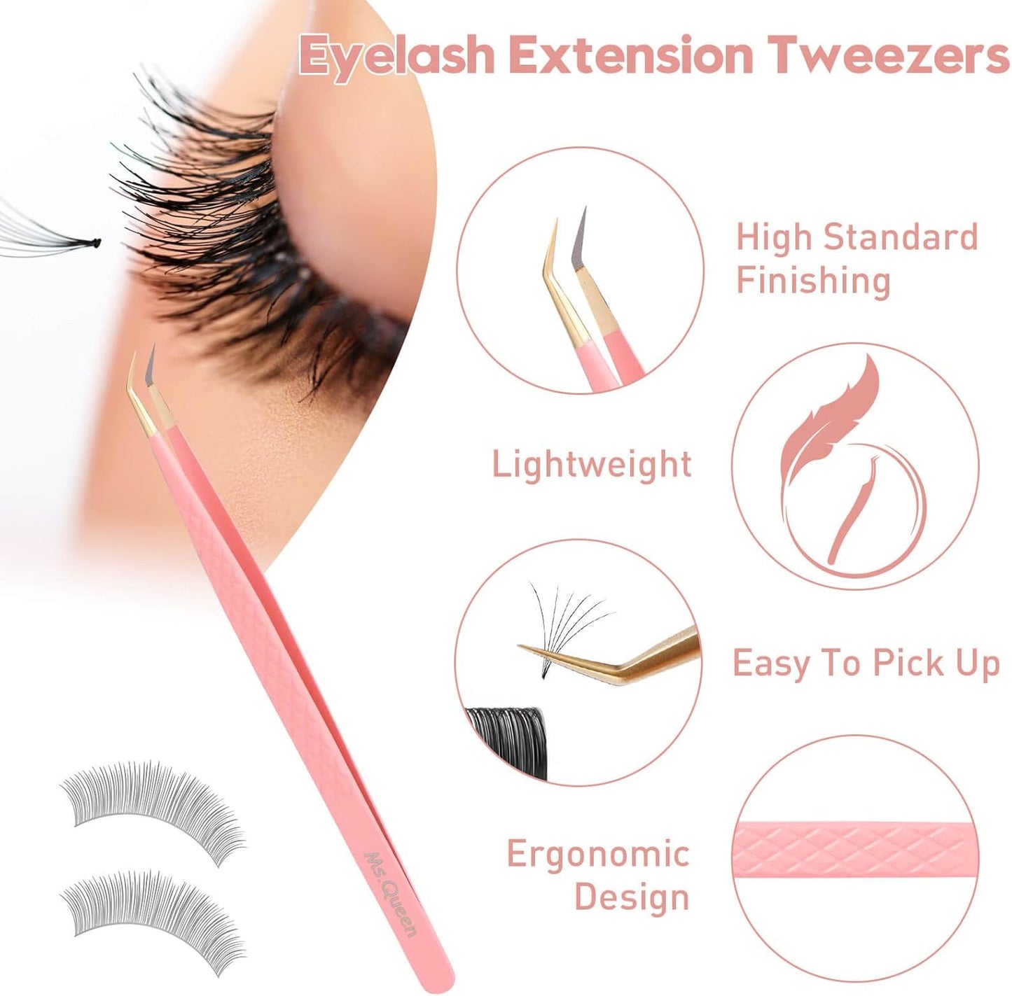 Ms.Queen Eyelash Extension Tweezers,4Pcs Fiber Tip Lash Tweezers for Volume Lashes Make Fans,45 90 Degree Boot Isolation Lash Tweezers Set