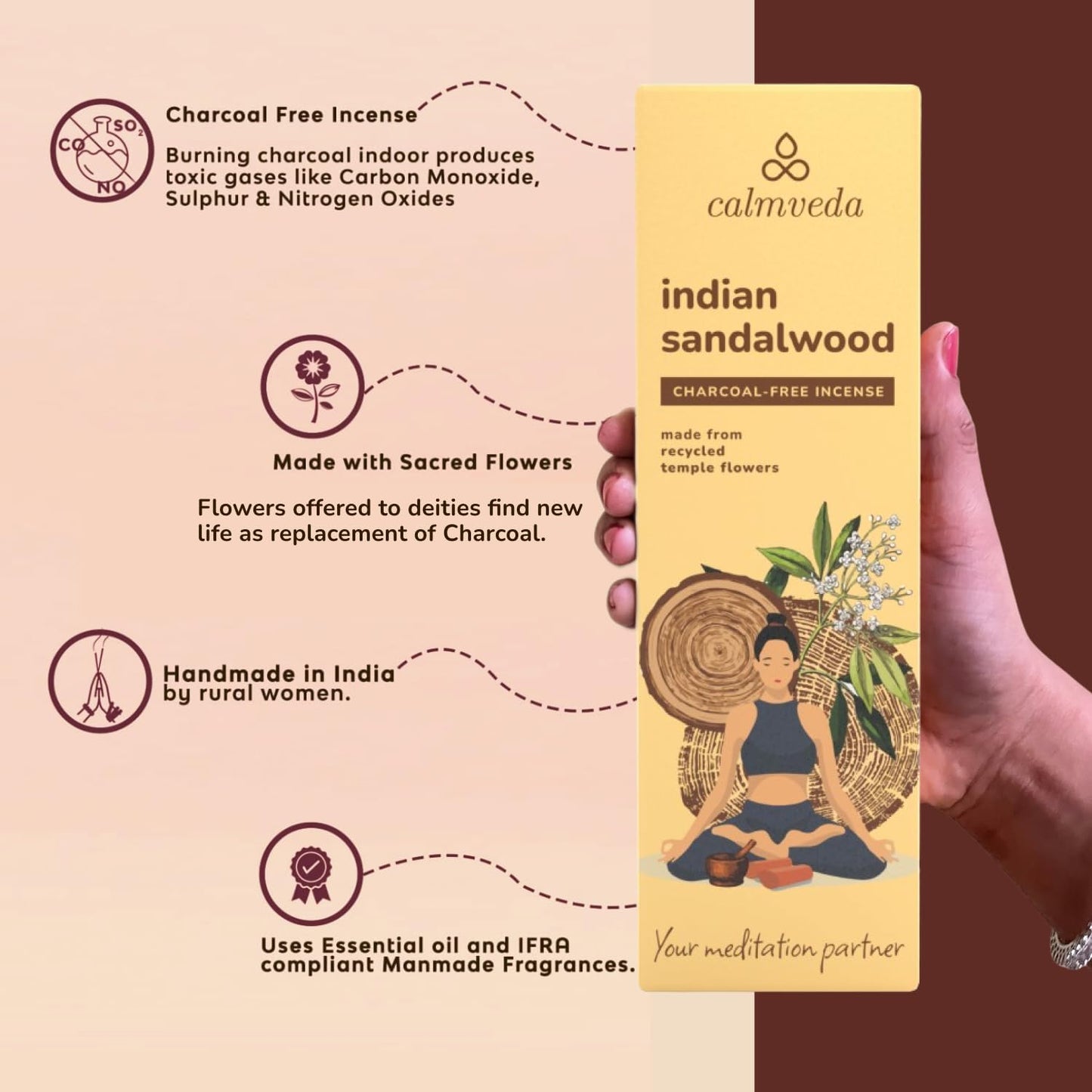 Indian Sandalwood Incense Sticks - 80 Sticks, Charcoal Free, Upcycled Flowers, All Natural, Non Toxic, Meditation & Stress Relief