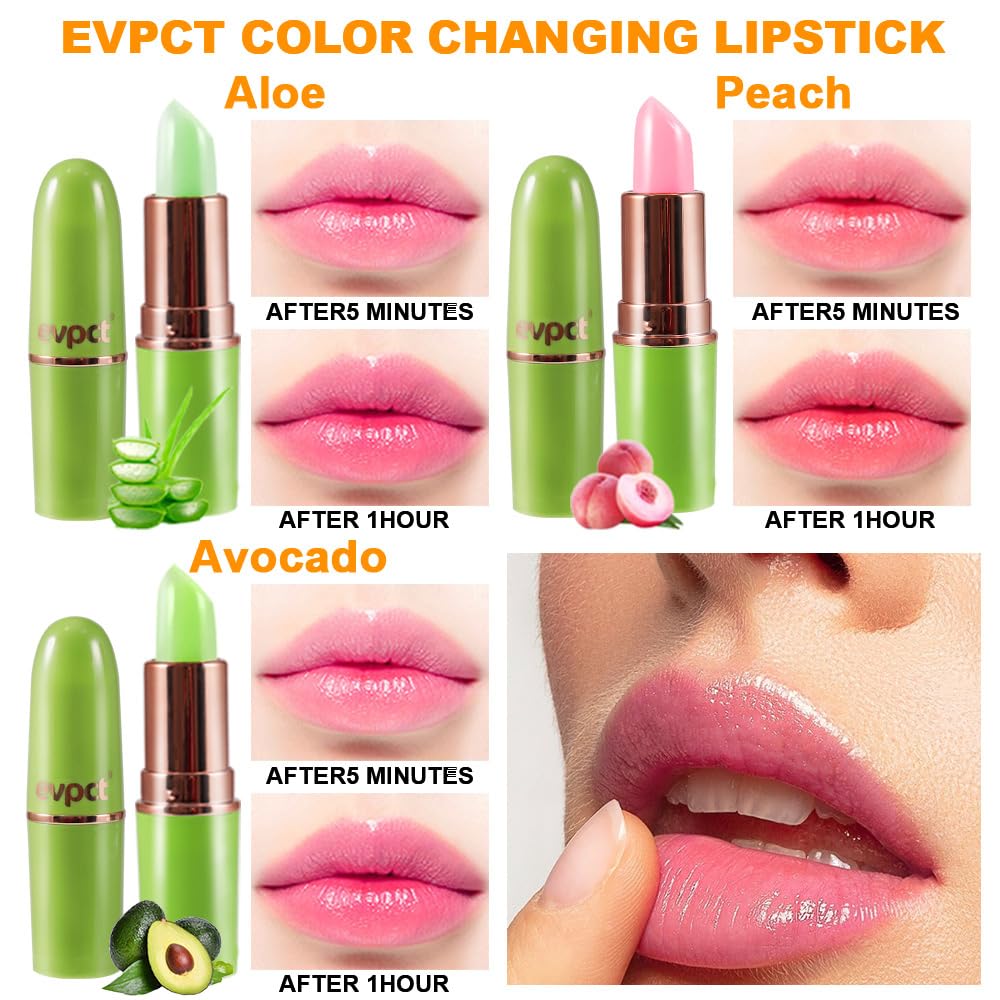 evpct 3Pcs Magic Color Changing Lipstick Long Lasting Waterproof 24 Hours Original for Women, Aloe Vera Peach Avocado Pink PH Mood Permanent Color Changing Lipstick Lip Balm Gloss, labial magico