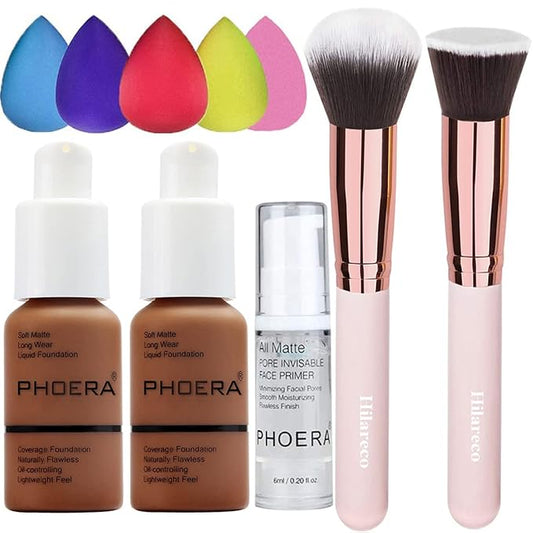 PHOERA Foundation Makeup for Wome Full Coverage Foundation Set,Face Primer Foundation Brush Powder Brush,5 Makeup Sponge,30ml PHOERA 24HR Matte Oil Control Concealer (110-Truffle)