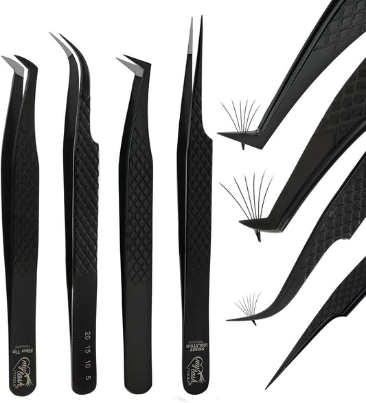 Eyelash Extension Tweezers Fiber Tip Lash Tweezers, Precision Boot Fiber Tip Volume Tweezers for Lash Extensions Japanese Steel Curved & Isolation Tweezer pinzas para pestaas (4pcs Set)