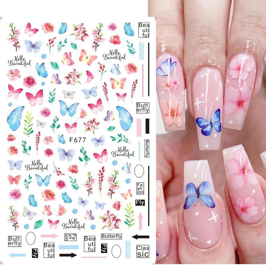 Butterfly Nail Art Stickers Decals 3D Butterfly Self Adhesive Nail Design Stickers Pink Blue Purple Butterflies Leaf Nail Decals for Women Girls DIY Butterfly Nail Stickers Decoration Supply 6 Sheets