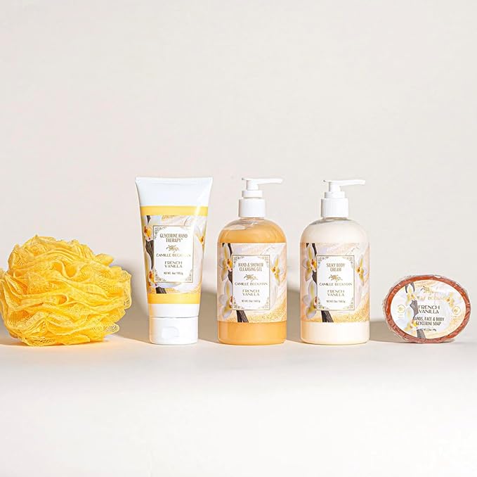 Camille Beckman Essentials Gift Basket, French Vanilla, Glycerine Hand Therapy 6 oz, Silky Body Cream 13 oz, Hand and Shower Cleansing Gel 13 oz, Glycerine Soap 3.5 oz