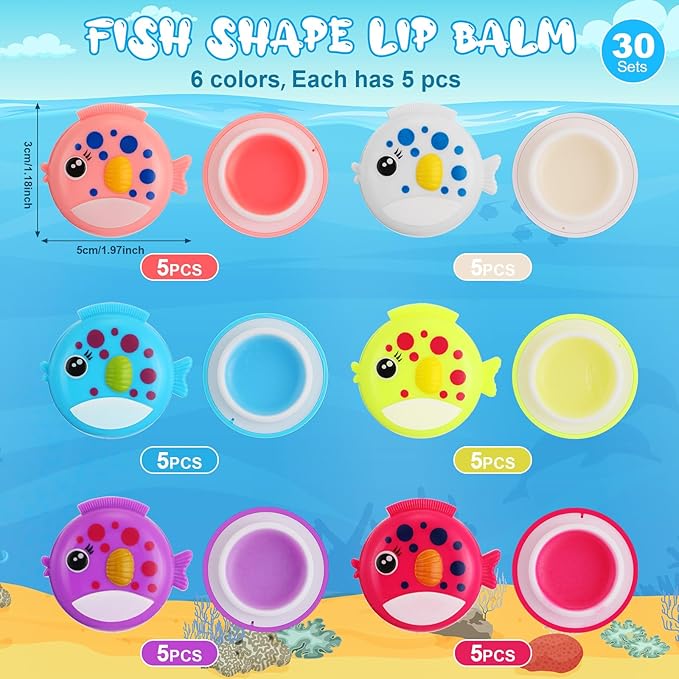 30 Pcs Fish Shape Lip Balm Under the Sea Party Favors Kids Fruit Flavored Lip Balm Ocean Party Favors Classroom Gift Exchange for Children Girls Women Men Students