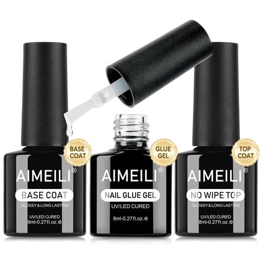 AIMEILI Base Coat Top Coat Nail Glue Gel Kit 3pcs, Hema Free, Cruelty Free, Vegan, Clear High Gloss Gel Nail Polish Long Lasting Nail Art