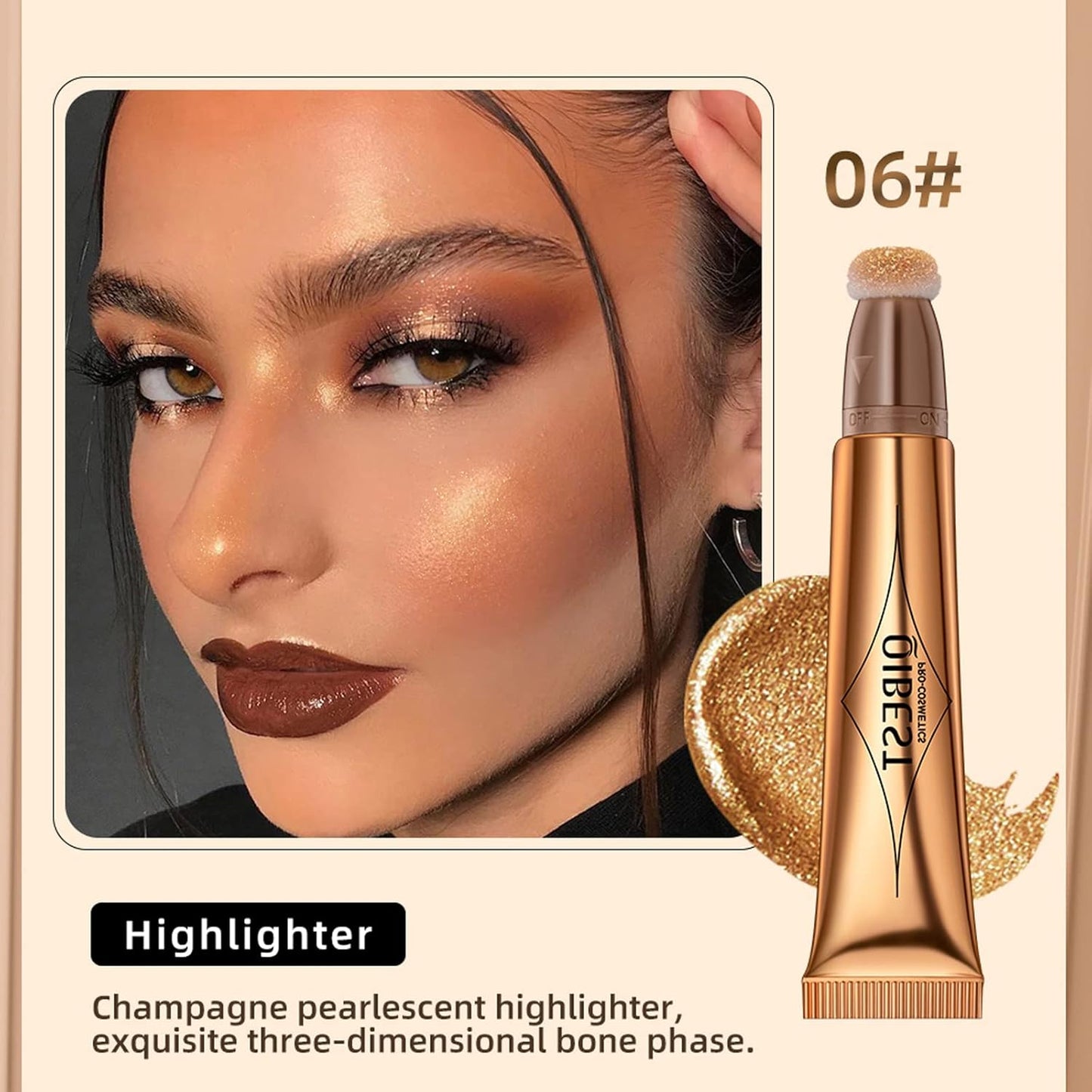 Highlighter Beauty Wand, Cream Liquid Highlighter Makeup Stick, Silky Smooth Face Shimmer Bronzer Stick with Cushion Applicator, Lightweight Body Face Glowing Highlighter, Cruelty-free（Bronze Gold）