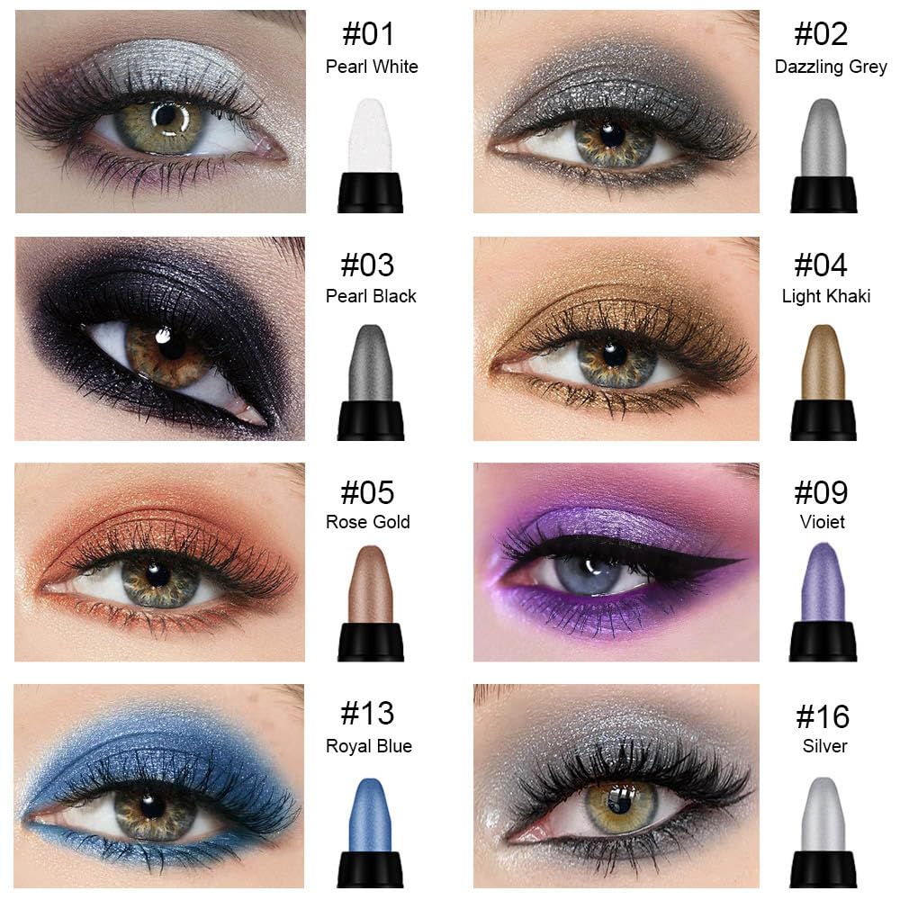 8Pcs Glitter Eye Shadow Sticks Liner Pencils Makeup, Pearl White Smokey Black Gray Silver Violet Purple Khaki Royal Blue Shimmer Glitter Eyeliner Pencil Cream Eyeshadow Palette Makeup for Older Women