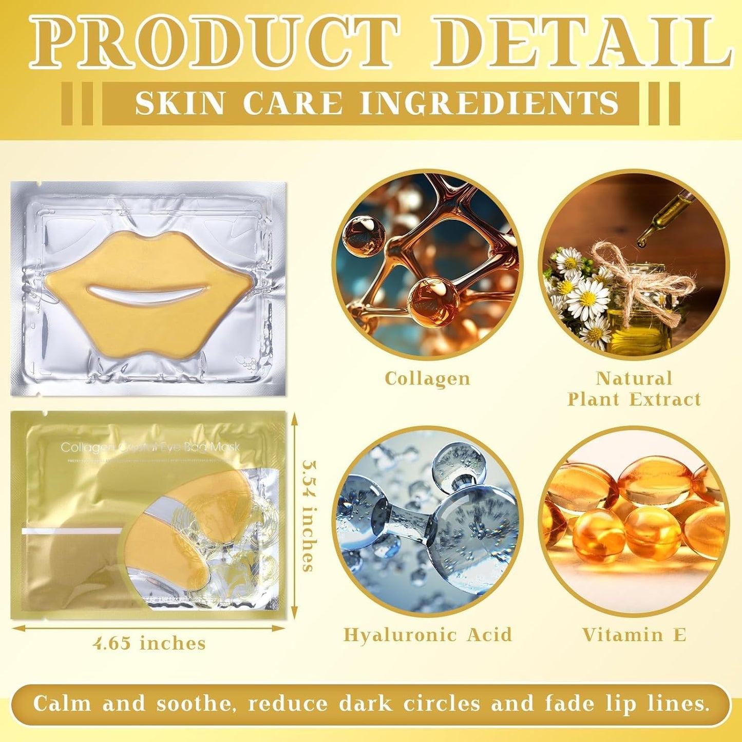 24K Gold Gel Crystal Collagen Eye and Lip Mask Set, 15 Pairs Gold Eye Mask & 15 Pcs Gold Lip Mask for Moisturizing, Collagen Under Eye Mask for Dark Circles Puffiness and Wrinkles
