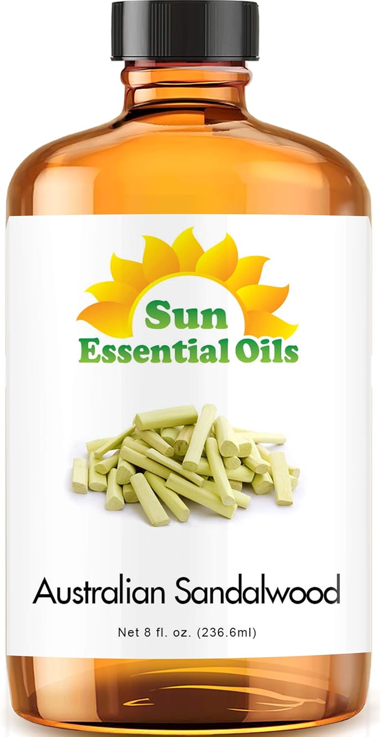 Sun Essential Oils – 8 oz Australian Sandalwood Essential Oil with Dropper for Diffuser, Skin, Aromatherapy Massage, Humidifier, Scent for Candle, Lotion & Soap Making at Home, Fragrance for Room