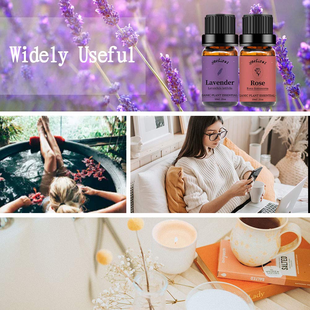 yethious 2 Pack Lavender Rose Essential Oil Set 100% Pure Organic Lavender Aromatherapy Oil Rose Fragance Oil for Diffuser Essential Oil Set