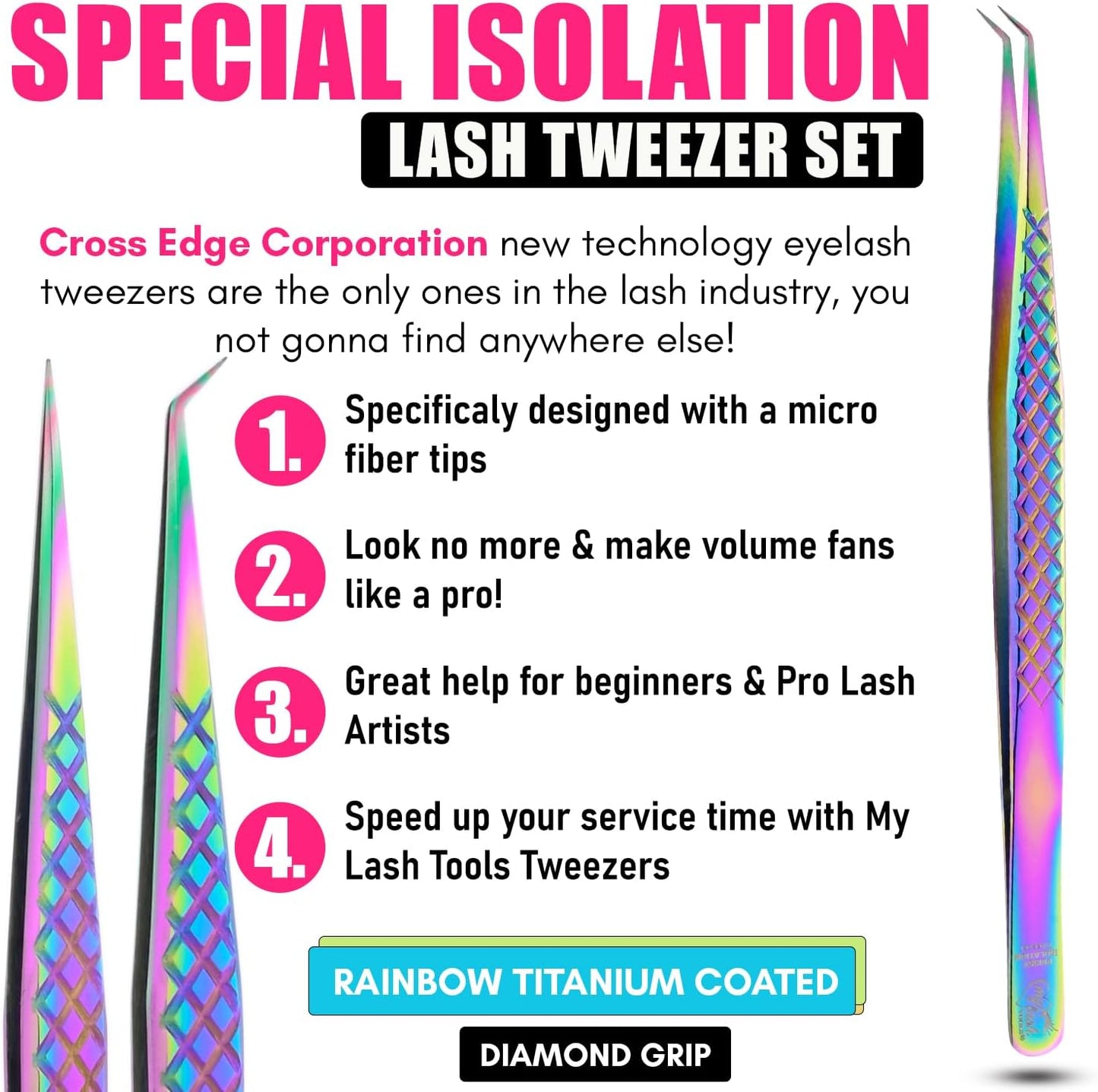 2pcs Curved & Straight Isolation Tweezers for Eyelash Extensions – 14cm Japanese Stainless Steel, Diamond Grip Non Slip Grip, Rainbow Set, Best for Classic & Individual Lashes