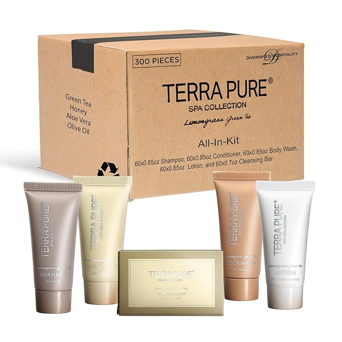 Terra Pure Spa Collection Bulk Set Toiletries | 1-Shoppe All-In-Kit Amenities for Hotels & Airbnb | 0.85 oz Hotel Shampoo & Conditioner, Body Wash, Lotion & Cleansing Bar Travel Size Tubes| 300 Pieces