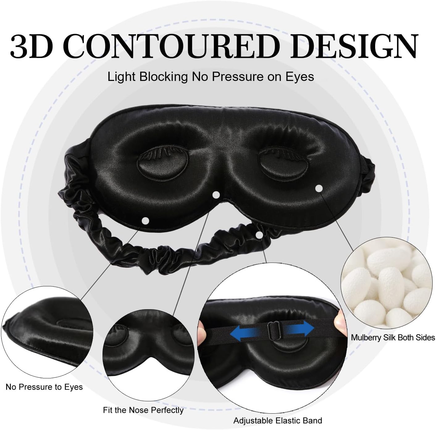 ZIMASILK Adjustable 22 Momme 100% Pure Mulberry Silk Sleep Mask, 3D Contoured Cup Eye Mask for Sleeping, Super Soft Breathable Blindfold, Perfect Blocks Light for Sleeping (Black)