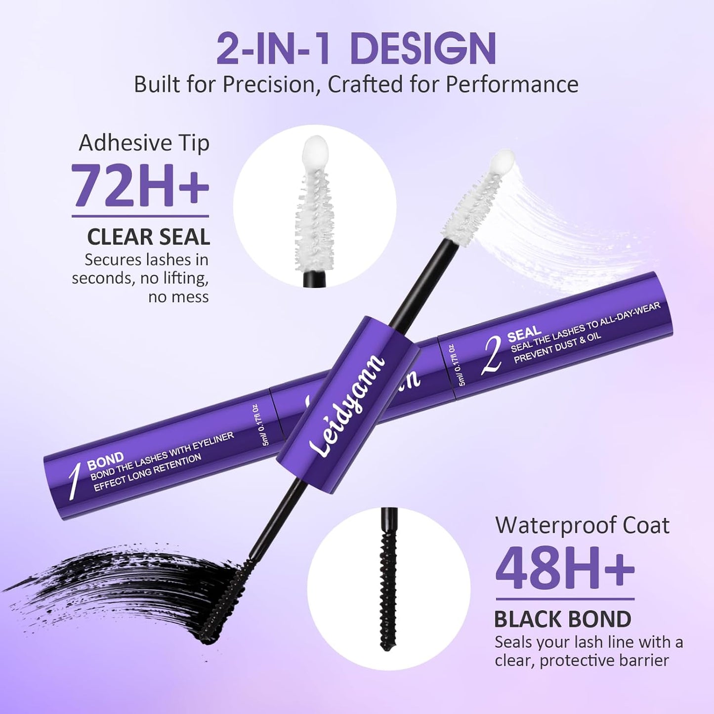 Eyelash Glue and Lash Bond & Seal, 72H Waterproof Cluster Lash Glue for Eyelash Extensions, Long-Lasting & Non-Irritating, 2-in-1 Bond and Seal for Lash Clusters