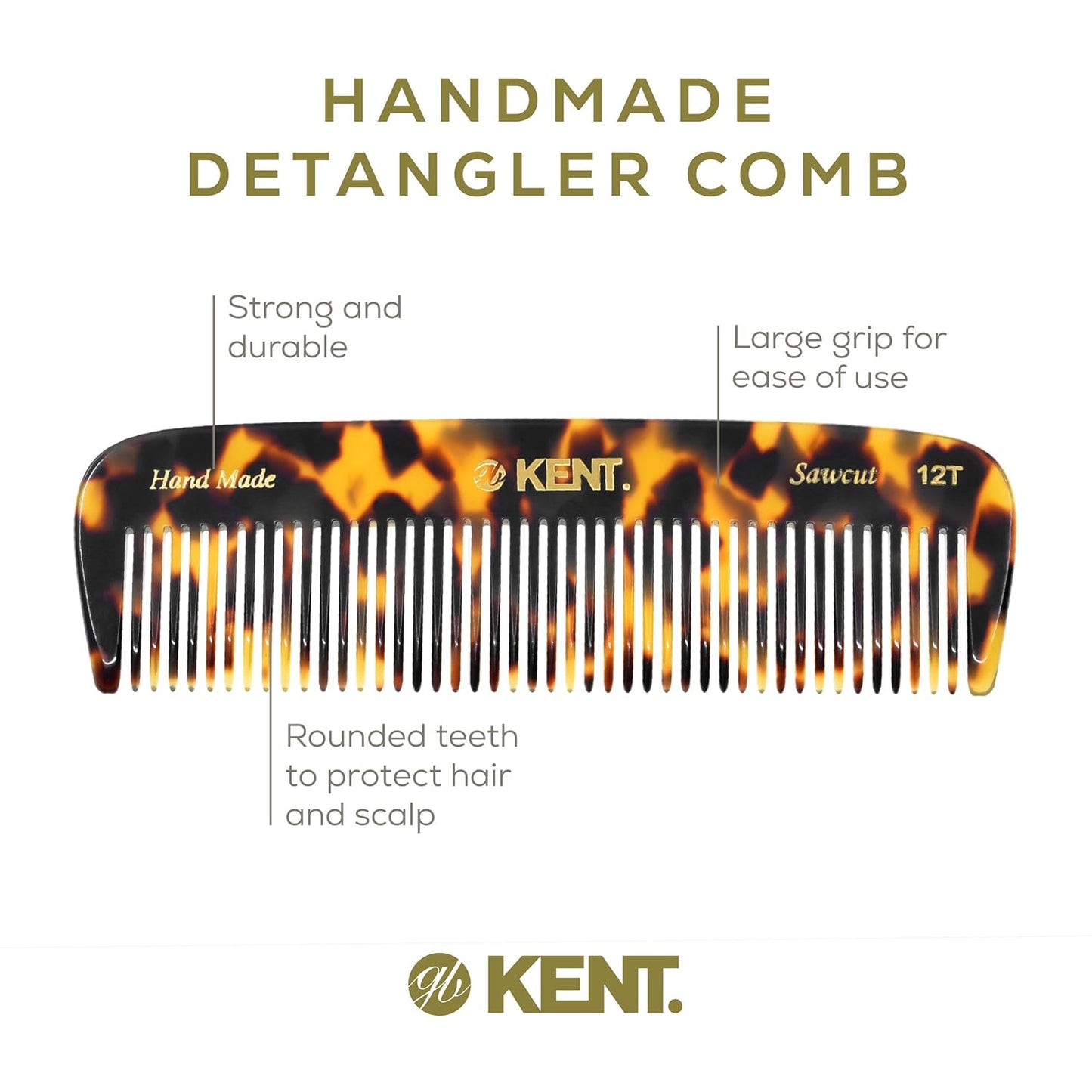 Kent 12T Wide Tooth Detangling Comb - Handmade Pocket Comb for Hair, Beard and Mustache, Saw-Cut and Hand Polished (Yellow Tokyo)